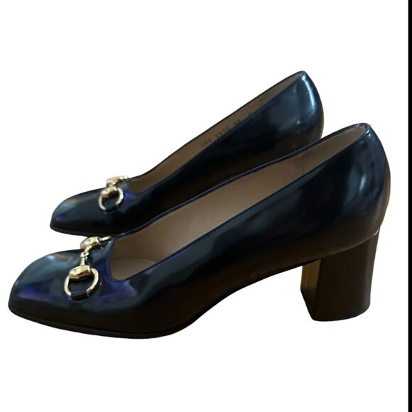SOLD:Gucci Women's Gold Horsebit Navy Blue Block Heels Size 38C, 8 Wide - Picture 7 of 11
